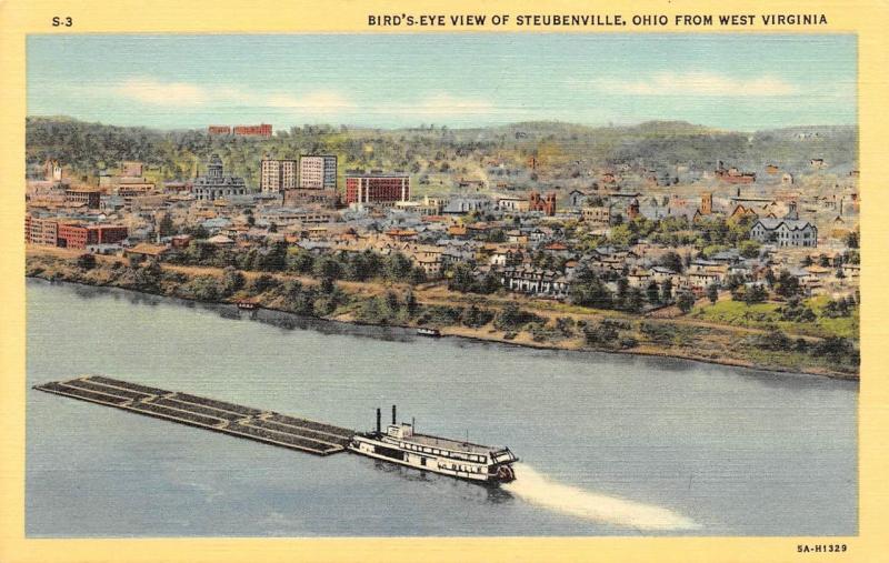 STEUBENVILLE, OH Ohio   CITY~RIVER~BARGE From West Virginia   c1940's Postcard