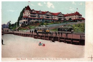 Sea Beach Hotel Santa Cruz w Beach & Street Cars Vintage California Postcard