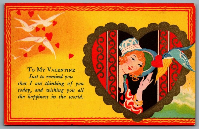 Postcard c1931 To My Valentine Art Deco Bird Delivering Heart to Lady