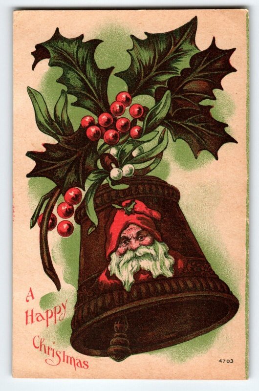 Santa Claus Christmas Postcard Saint Nicks Face Bell Holly Leaves Vintage 4703