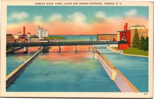 Postcard NY Oswego River Canal Locks and Harbor Entrance