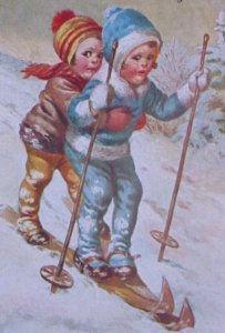 Wally Fialkowska Children Skiing Antique Vintage New Year Postcard