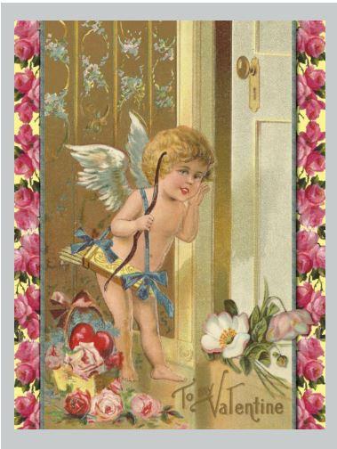 Set of 6 Handmade Valentine Postcards, Victorian Cupid with Pink Country Rose
