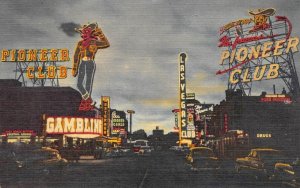 Pioneer Club Cowboy Neon Sign LAS VEGAS, NV Night Roadside c1940s Linen Vintage