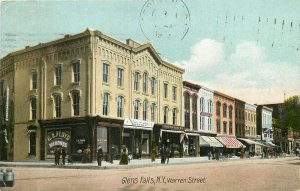 c1908 Postcard; Glens Falls NY, Warren Street Scene Jeweler Bookstore Etc.