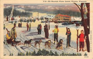 Rib Mountain Winter Scenes, Wausau, Wisconsin Skiing Dog Sled 1940s Postcard