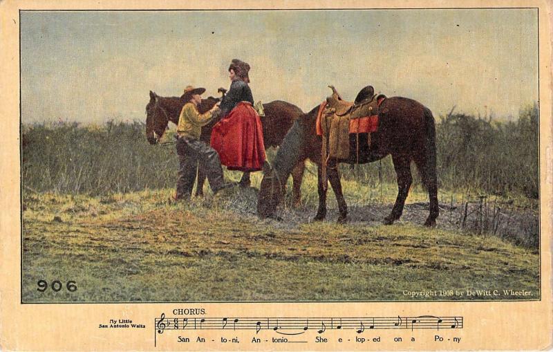 c. 1908, San Antonio Waltz, Cowboy and Cowgirl, Song, Old  Postcard