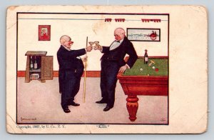 1907  Men Drinking & Playing Billiards  Pool    Postcard