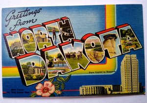 Greetings From North Dakota Large Big Letter Linen Postcard Tichnor Unused