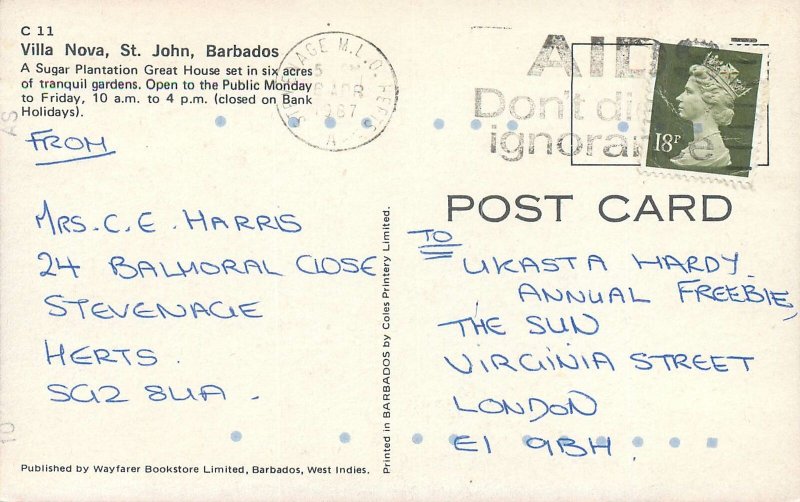 Postcard England Vailla Nova St John Barbados