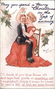 Vintage A/s Fred Spurgin CHRISTMAS Woman Kisses Tiny Man MISTLETOE