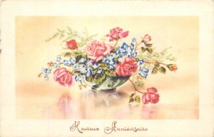 Floral vintage greetings postcard Happy Birthday rose forget me not 1955 Belgium