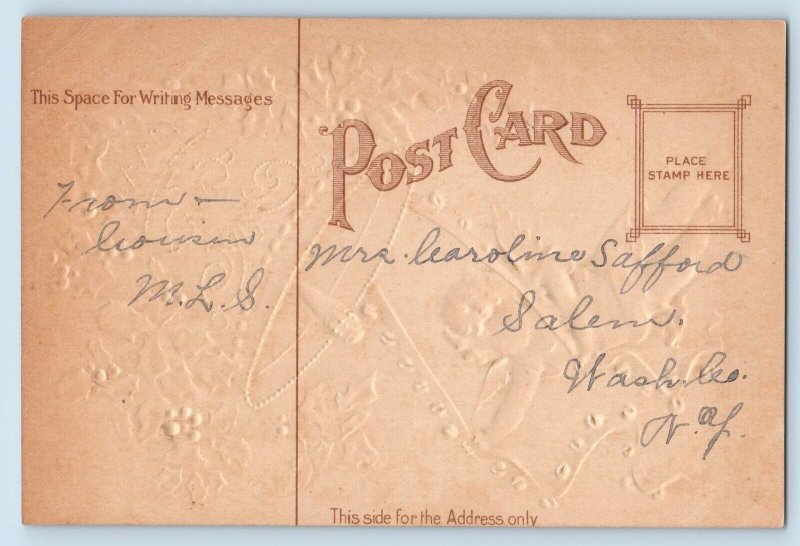 Christmas Postcard Greetings Angel Ringing Bell Holly Berries Embossed c1910's