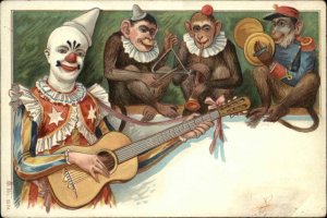 Circus - Clown Pierrot Plays Guitar Monkeys c1900 UDB Postcard