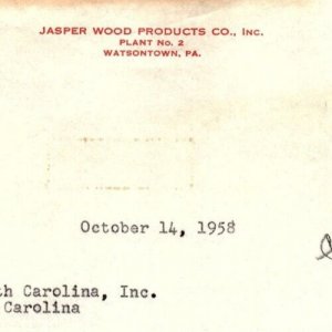 1958 JASPER WOOD PRODUCTS CO WATSONTOWN PA GRAMWOOD OF NC J C BUIE LETTER Z843