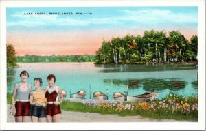 postcard Lake Creek, Rhinelander Wisconsin - Girls by rowboats