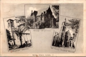 Postcard ON Aylmer Baptist Trinity Anglican & St. Paul United Churches 1946 K73