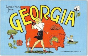 GEORGIA Large Letter Greetings Woman Playing Golf Fishing 1940s Vintage Postcard