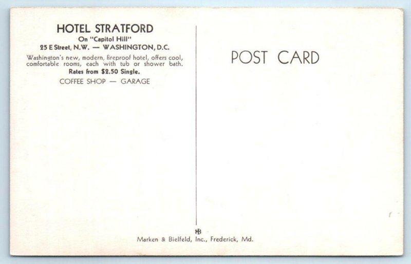 WASHINGTON D.C. ~ Capitol Hill HOTEL STRATFORD 25 E. Street Roadside Postcard