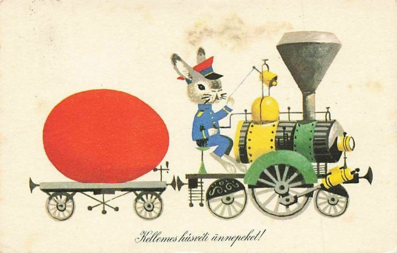 Vintage Dressed Rabbit Humanized Train Engineer Railroad Egg Easter P269 