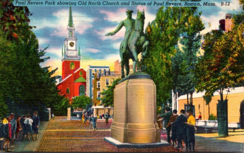 Massachusetts Boston Paul Revere Park Showing Old North Church and Paul Rever...