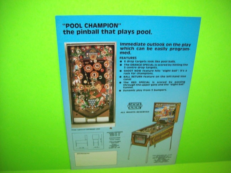 Zaccaria POOL CHAMPION Original 1985 Flipper Game Pinball Machine Flyer Rare