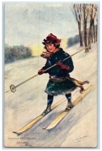 1915 Little Boy Skiing Winter Canadian Child Studied Calgary Alta Postcard