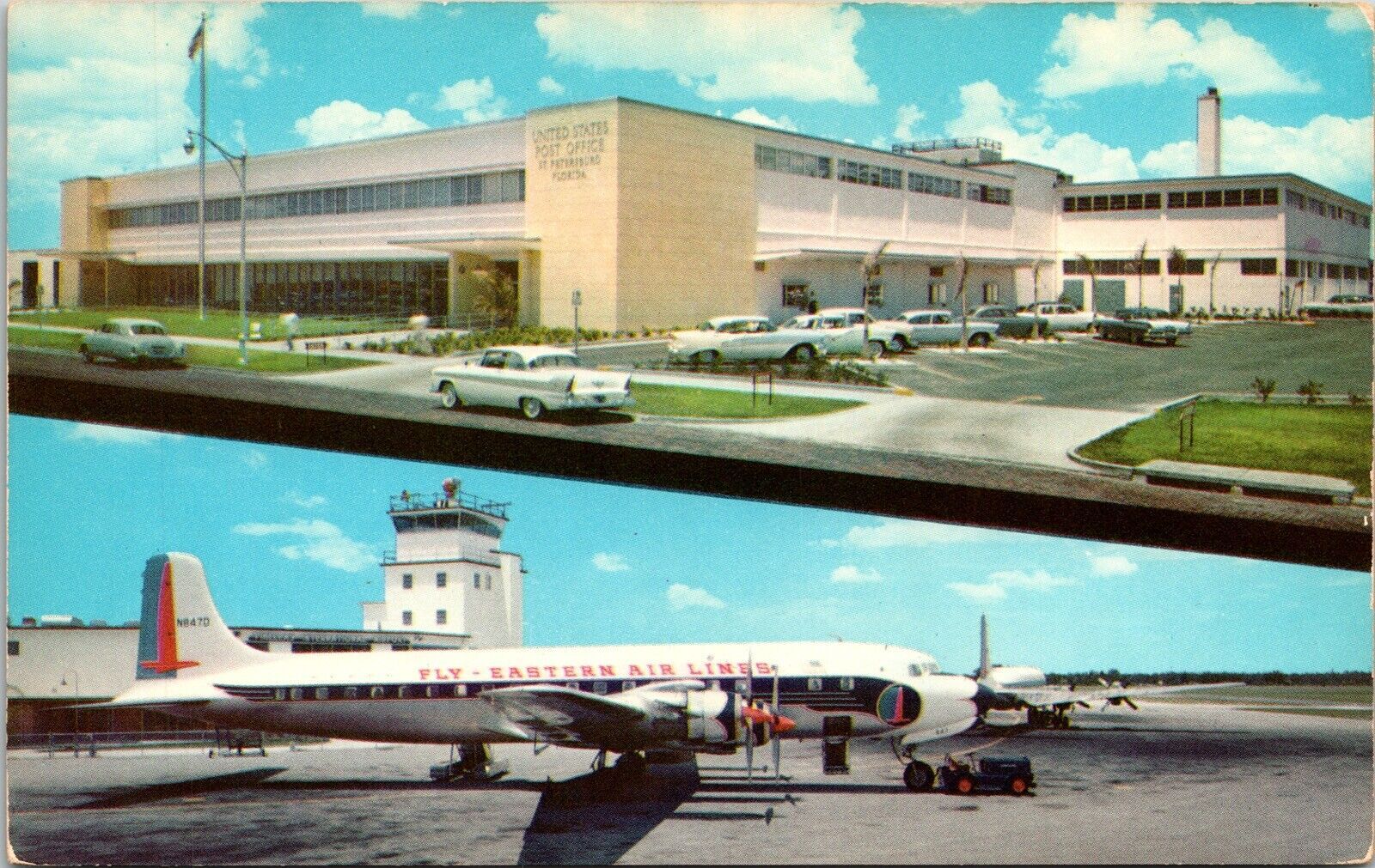 Dual View St Petersburg Post Office Fly Airliner Florida FL Postcard