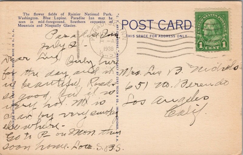 Rainier National Park Blue Lupine & Mtn WA c1938 Paradise Inn DPO Postcard E67