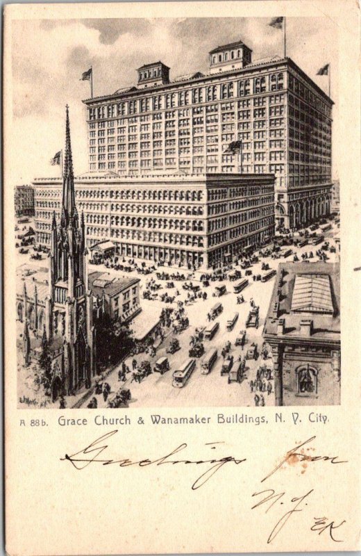 New York City Grace Church Y Wanamaker Buildings 1908 Rotograph