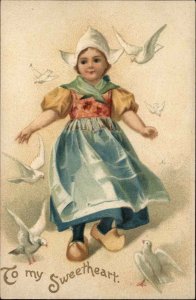 Valentine Little Dutch Girl with Doves Int'l Art c1910 Vintage Postcard