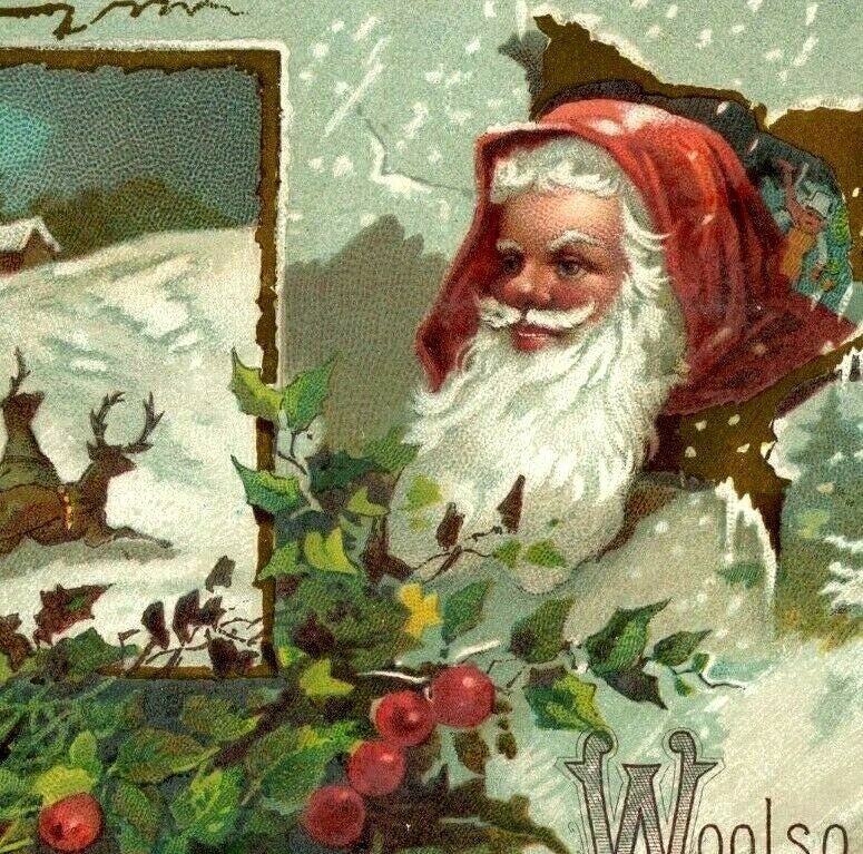 1880s Holiday Greeting Lion Coffee Woolson Spice Co. Santa Claus Reindeer #5K