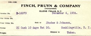 1924 GLENS FALLS NY FINCH PRUYN & COMPANY BILLHEAD INVOICE Z4052