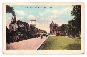 Santa Fe Depot Hutchinson Kans. Kansas Postcard Railroad Train Passengers