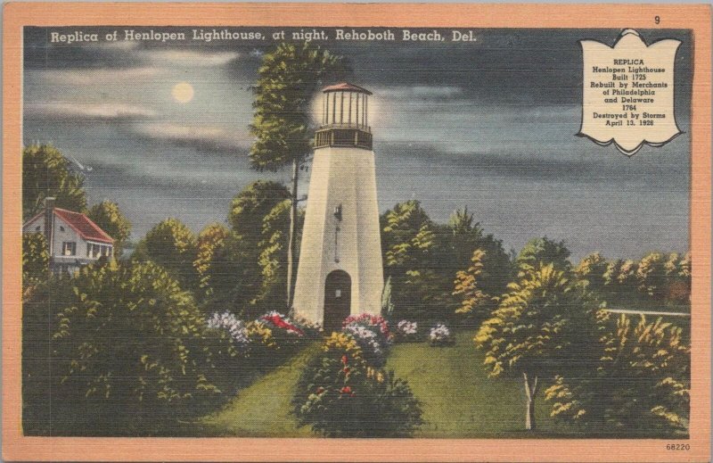 Postcard Replica Henlopen Lighthouse at Night Reboboth Beach DE