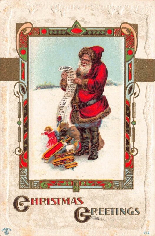 Christmas Postcard Santa Claus with Toys Reading His Nice List in Snow~118074