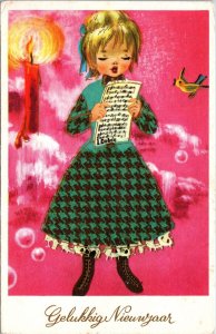 VINTAGE POSTCARD HAPPY NEW YEAR GIRL SINGING BELGIAN CARD c. 1920