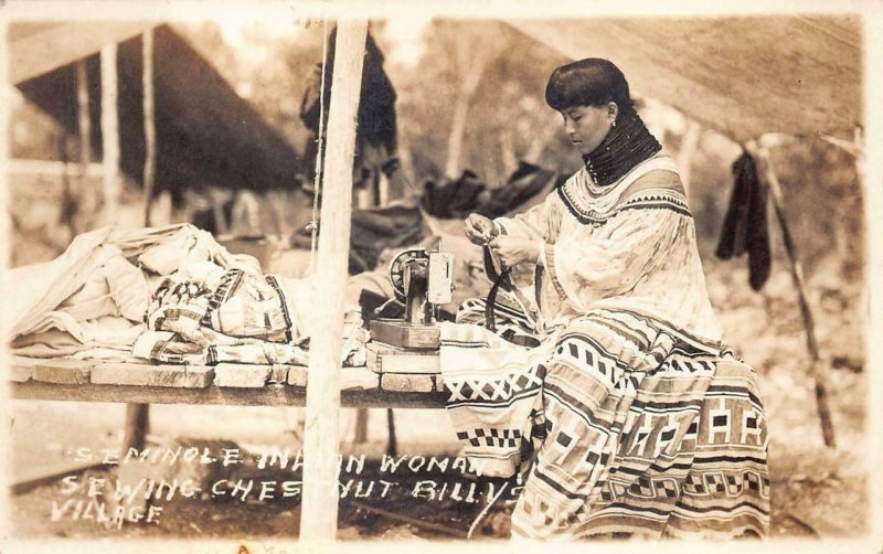 RPPC SEMINOLE INDIAN WOMAN SEWING MACHINE FLORIDA REAL PHOTO POSTCARD (c.1930s)