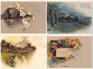 Moon and Sun Moonlight Daffodil Flowers Houses lot of 4 postcards C348
