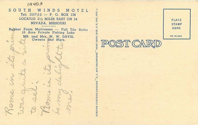 Nevada Missouri South Winds Motel Teich Roadside 1940s Postcard 20-6899