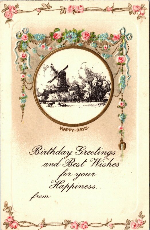 Antique TUCK'S - WINDMILL - VINTAGE - A HAPPY BIRTHDAY ~ Flowers PC