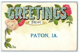 1908 Flowers Embossed Greetings From Paton Iowa IA Divided Back Vintage Postcard