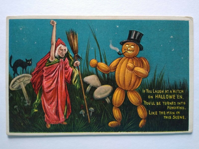Antique Halloween Postcard Anthropomorphic Goblin Man Anglo-American Witch 876