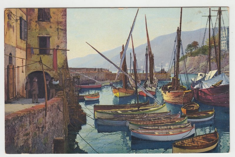 P2974, vintage postcard view boats harbor riviera di levante,comogli italy