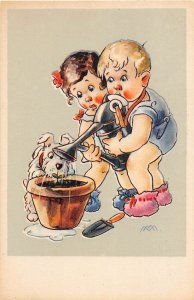 H79/ Interesting Postcard Comic Watering Can Garden c1910 Artist 137