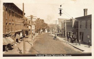 Morrisville VT Portland Street 1910 Dirt Street Storefronts Horse & Wagons RPPC