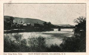 Vintage Postcard 1930's Nies' Drugstore Pubs Main St. Bridge Salamanca New York