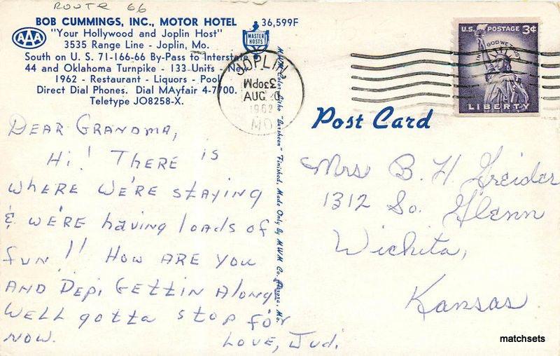 1962 JOPLIN MISSOURI Bob Cummings Inc Motor Hotel MWM postcard 753