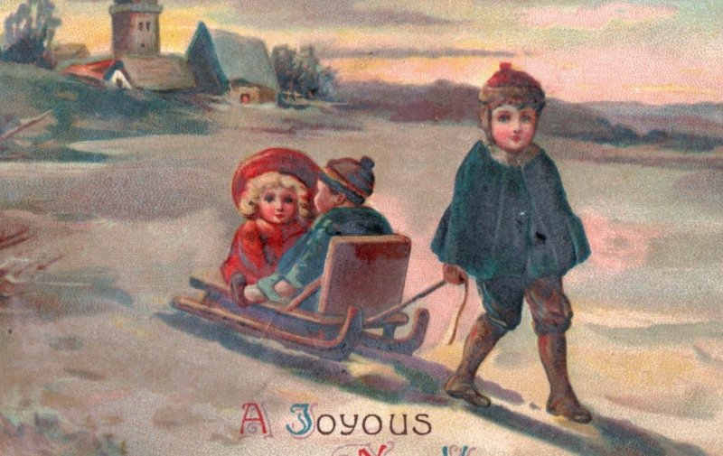 C. 1910 Adorable Kids Sled Winter Snow New Year Greetings Vintage Postcard P219