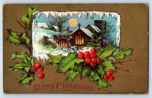 Signed Artist Postcard Christmas Winter Scene Holly Berries Embossed Brazil IN